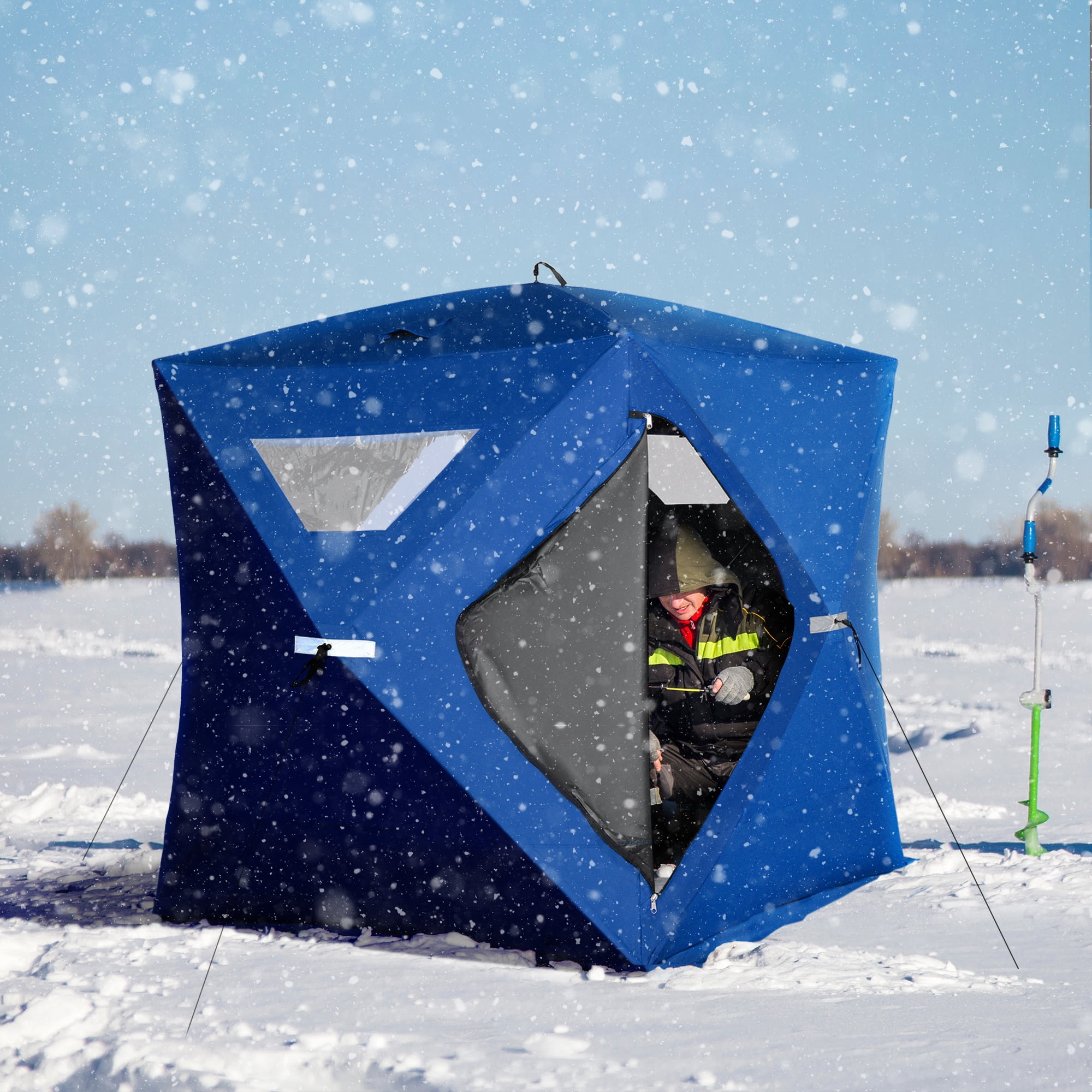 Outsunny 2-4 People Ice Fishing Shelter, Pop-Up Portable Ice Fishing Tent  with Carry Bag, Two Doors Ice Shanty for Winter Fishing, Blue
