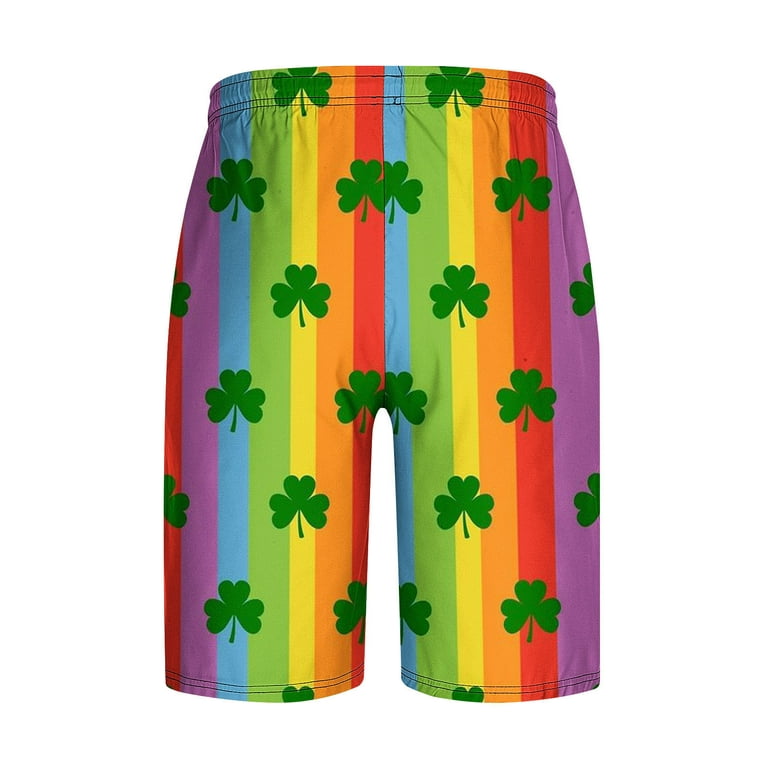 TrendVibe365 St Patricks Day Shorts Mens Shamrock Clover Rainbow Drawstring  with Pockets Elastic Waist Casual Beach Pants Lightweight Summer 70s Disco