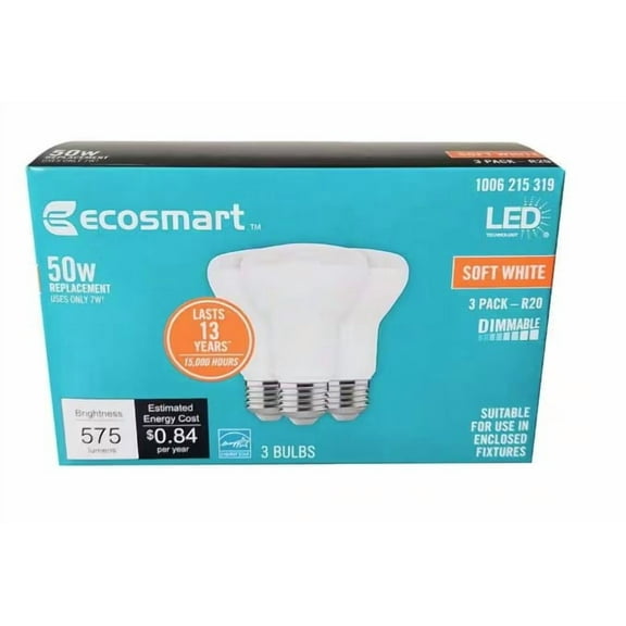 EcoSmart 50-Watt Equivalent R20 Dimmable ENERGY STAR LED Light Bulb Soft White (3-Pack)