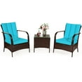 thumbnail image 2 of Costway 3 PCS Patio Wicker Rattan Furniture Set Coffee Table & 2 Rattan Chair W/Cushions-Turquoise, 2 of 12