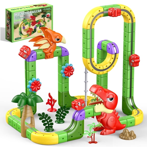 115 Pcs Magnetic Car Track Set, Dinosaur Toys for Kids Age 3-12, Train Toys Track Race Car, STEM Building Toys Dinosaur Gift for 3 4 5 6 7 8 Year Old Boys Girls