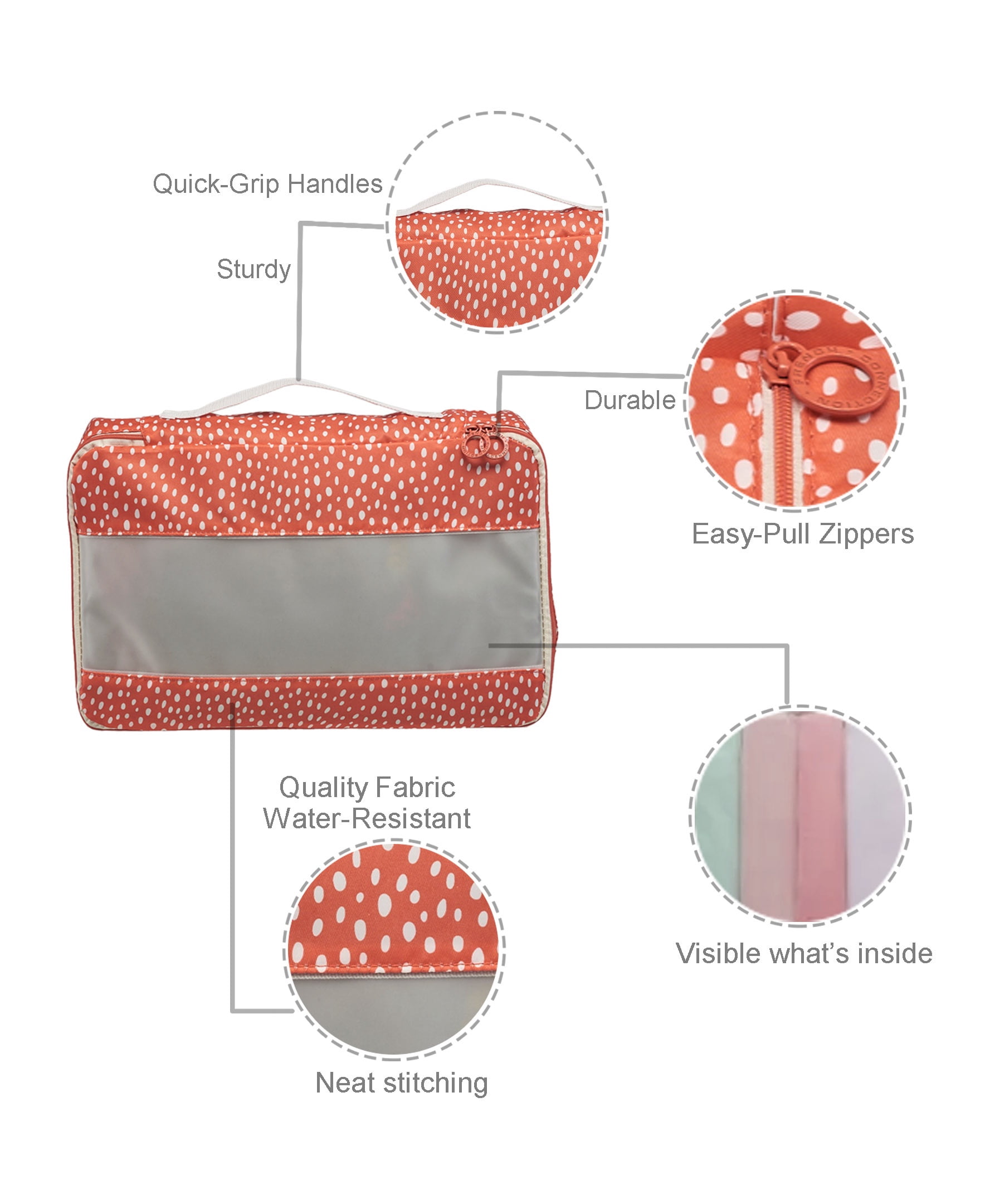 French Connection 6pc Packing Cube Set - Travel Storage Set (Polka Dot) in Orange