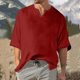 thumbnail image 2 of Men's Solid Color Pleated Quarter Sleeve Top Men's Retro V-Neck TopM, 2 of 5