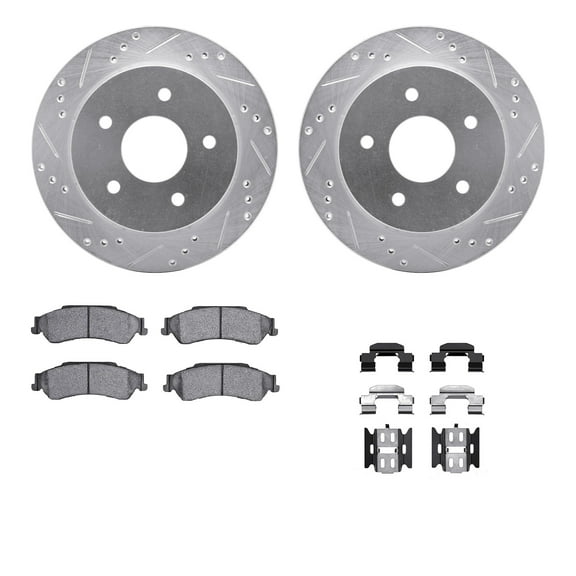 Dynamic Friction Company Rear Brake Rotors-Drilled and Slotted-Silver with Ultimate Duty Performance Brake Pads includes Hardware 7412-48019