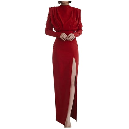ylioge Wedding Guest Dress Fall 2023  Womens Gowns and Evening Dresses Elegant Slim Fit Bodycon Long Sleeve Mock Neck High Wasit Solid Color with Side Slit Hem Maxi Dress Fall Saving Clearance