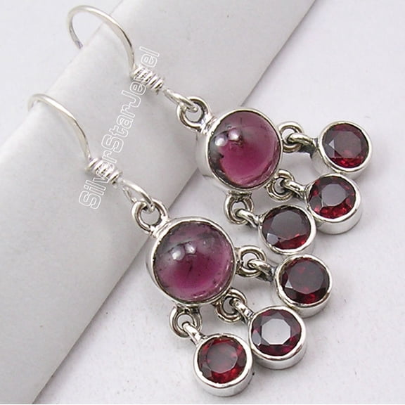 SilverStarJewel 925 Sterling Silver Hot Selling Garnet 5 Stone Made In India Earrings 1.4"