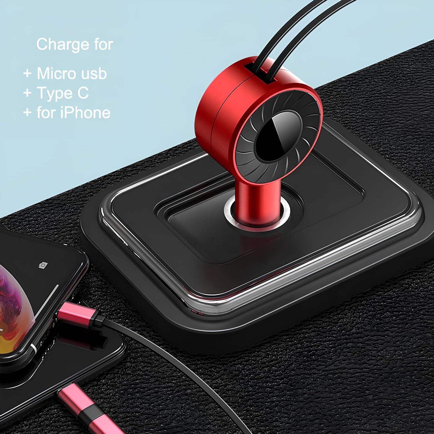 Wiher Retractable Fast Car Charger compatible for iPhone and Android with Dual Port USB C Cables 4-in-1 with Ports Adapter Car interior Accessories Red