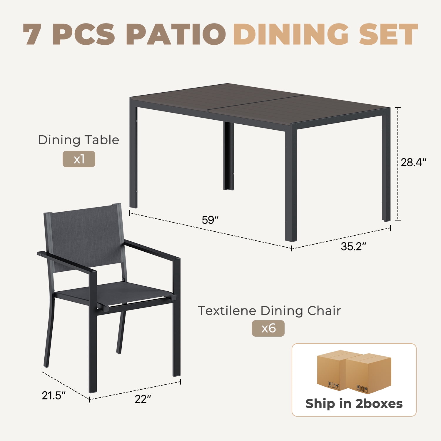 BaPiPro 7-Piece Patio Dining Set, Textilene Outdoor Table and Chairs Set for 6, Weather-Resistant Furniture for Garden, Deck, Backyard, Gray