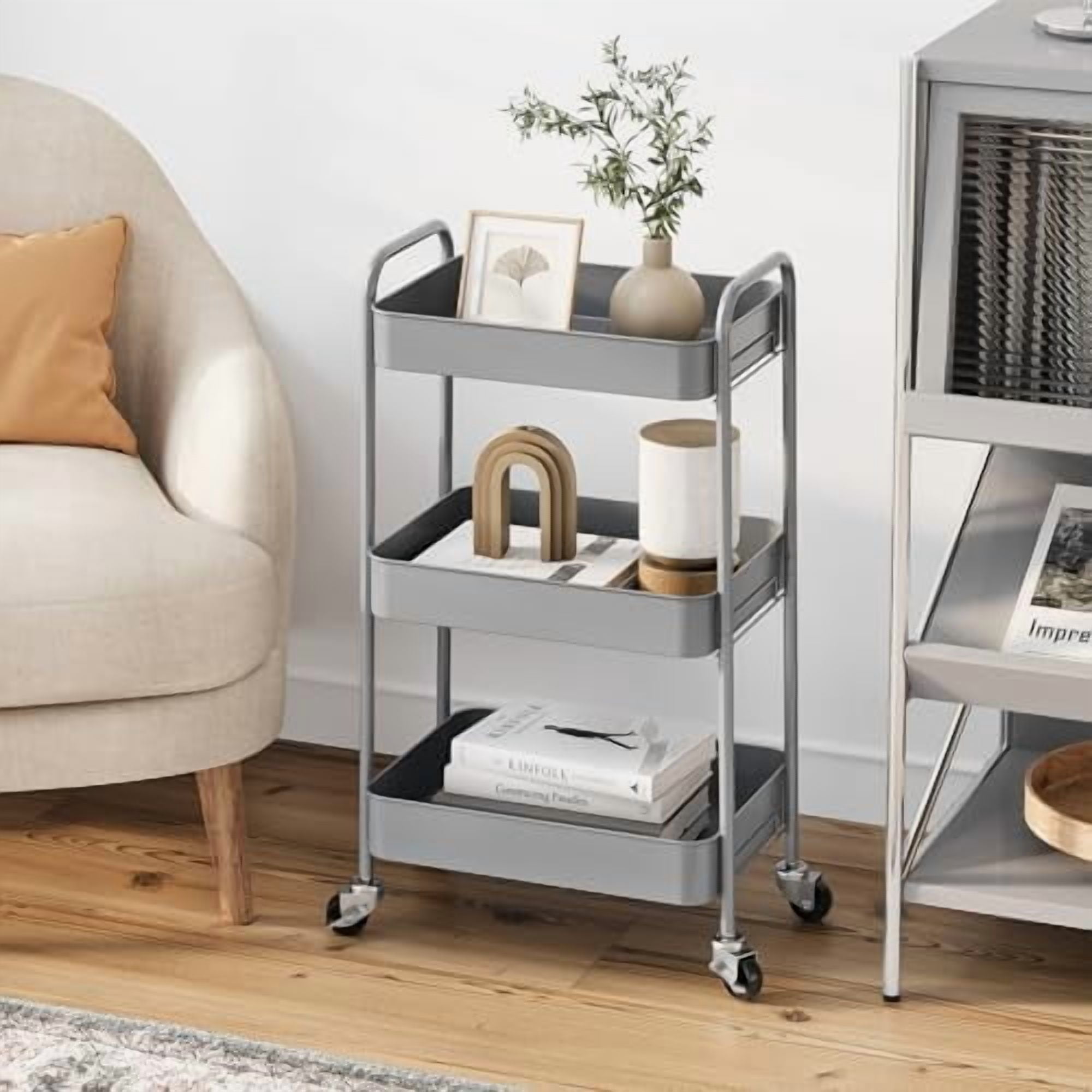 3-Tier Metal Rolling Cart with Wheels, Storage Utility Organizer Cart for Kitchen, Bathroom, Office, Baby Essentials & Makeup - Lockable Casters, Easy Assembly, Large Capacity, Gray