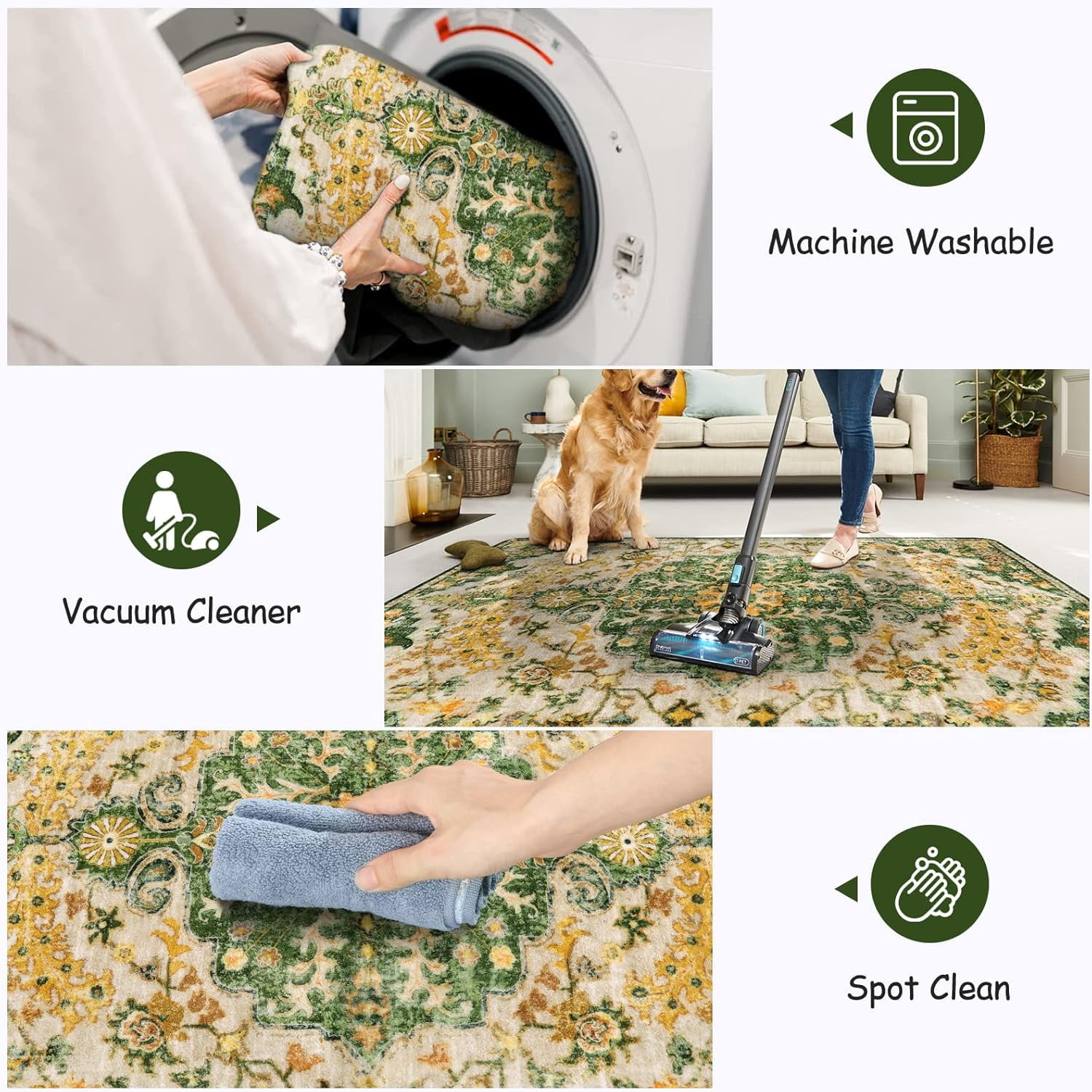 Wonnitar 4'x6' Bohemian Floral Medallion Area Rug,Oriental Distressed Bedroom Rug Country Vintage Faux Wool Indoor Throw Mat Non-Slip Washable Low-Pile Carpet for Bathroom Living Kitchen Laundry Room