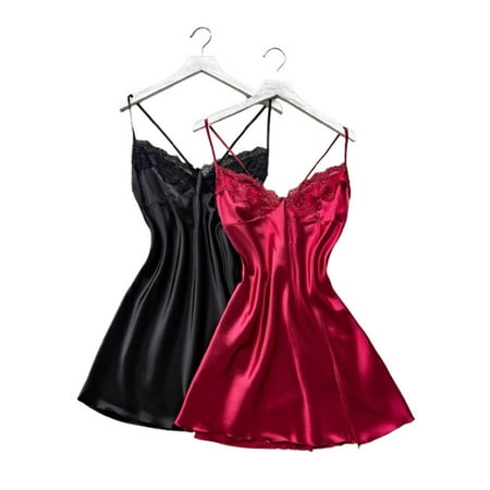 2 Piece Womens Satin Nightgowns Cross Low Back Lingerie Nightdress Sleeveless Camisole Sleep Dress Silk Short Sleepshirts  Red  M