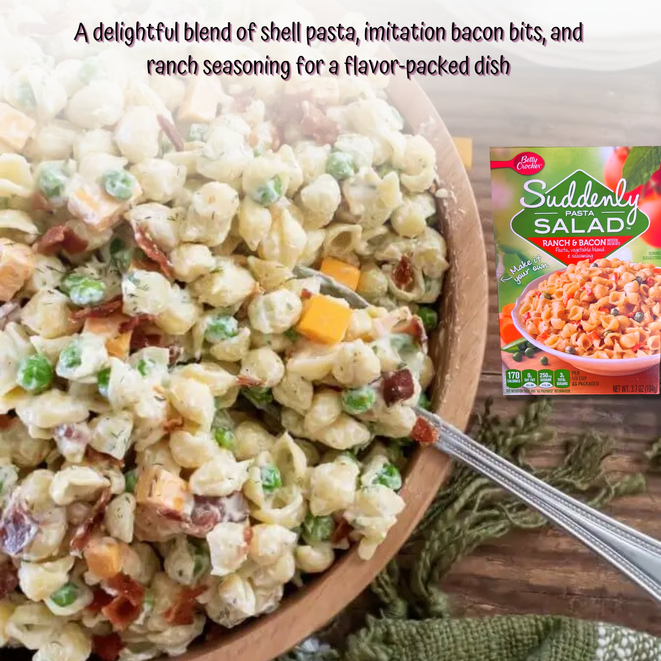 Betty Crocker Suddenly Pasta Salad Mix, Ranch & Bacon Flavor, 3.7oz Shell Pasta Dish Vegetable Blend Seasoning Easy Prepare Meal Snack Main Side Dish Instant Lunch Thanksgiving Dinner Gift Pack of 6
