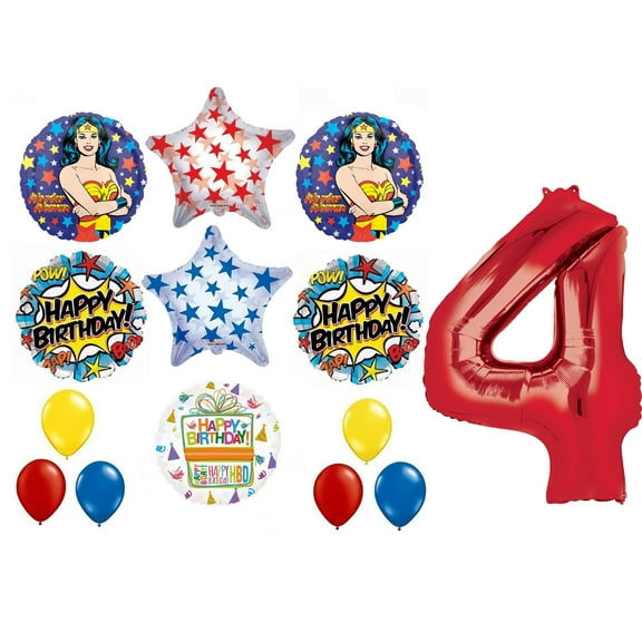 Wonder Woman 14 pc Superhero 4th Birthday Party Supplies and Balloon Decorations