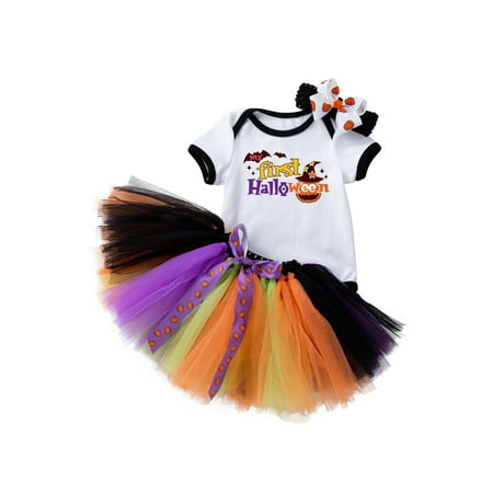 

BeQeuewll Newborn Baby Girls 3Pcs Halloween Outfits Short Sleeve Rompers Top Tutu Skirt Headband