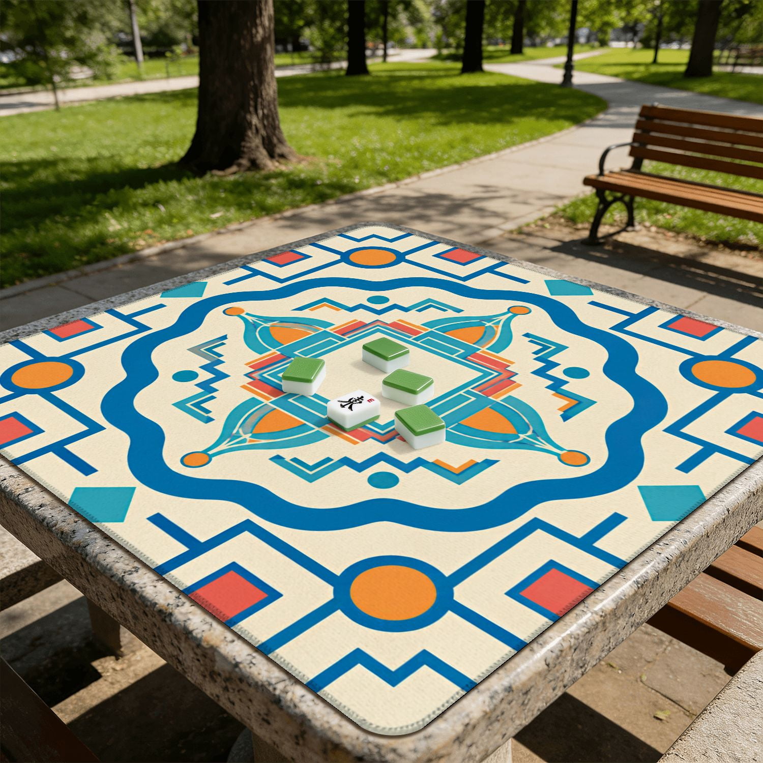 Mahjong Mat 31.5" x 31.5" Geometric Asian Inspired Pagoda Motifs Blue Green Orange Non-Slip Noise Reduction American Mahjong Tiles Table Cover for Dominoes Poker Card Board Games Gift