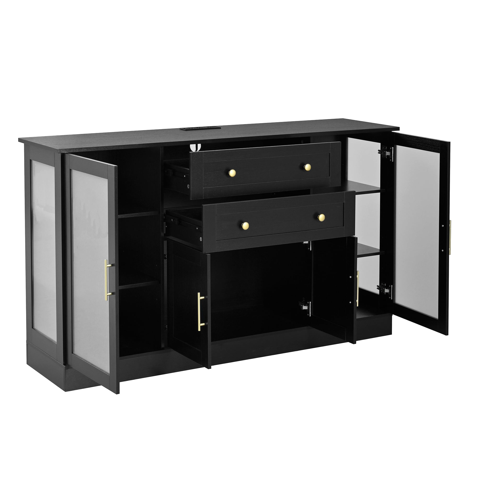 Euroco 58.3" Sideboard Buffet Cabinet with 2 Drawers, Modern Coffee Bar with Adjustable Shelves, Power Outlet & 4 Doors,Credenza Storage Cabinet for Dining Room, Living Room,Black