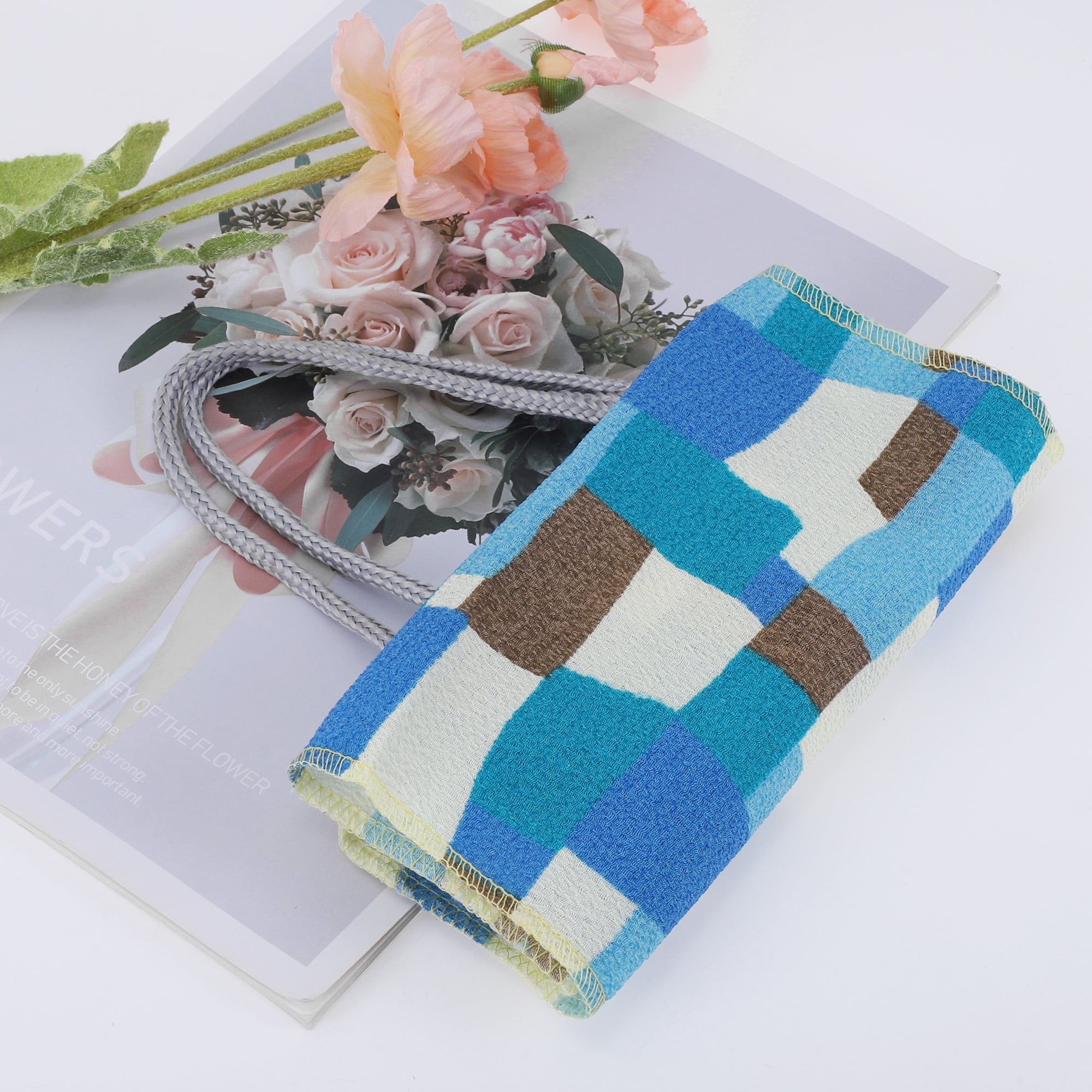 Unique Bargains Plaid Body Scrub Towel Exfoliating Towel Green Blue