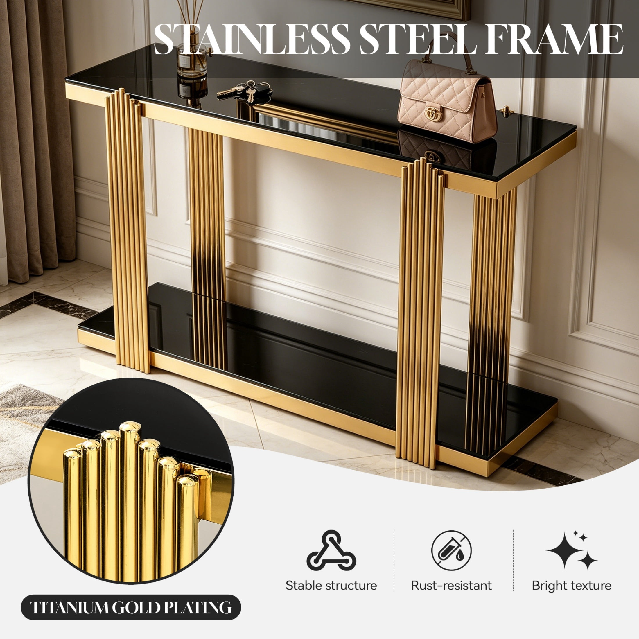 2-Tier Storage Tempered Glass Shelf Console Table, Two-Tone Entryway Display Table, Accent Mirrored Sofa Table for Living Room/Hotel