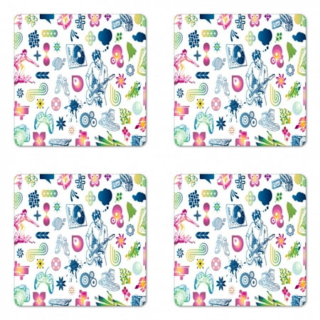 

Music Coaster Set of 4 Modern Design Boy Teenager Guitarist with Butterflies Playstation Ombre Digital Image Square Hardboard Gloss Coasters Standard Size Multicolor by Ambesonne