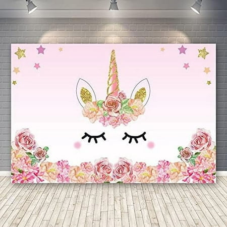 Image of 5x3ft Unicorn Birthday Party Backdrop Pink Unicorn Theme Photography Background Unicorn Party Supplies Backdrop Watercolor Rose Flowers Sweet Girls Baby Shower Birthday Banner Cake Table