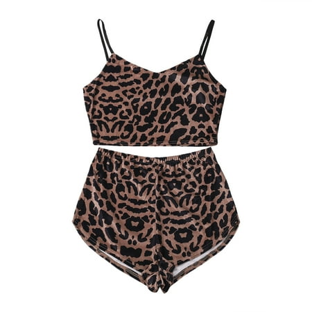 

DuAnyozu Women Summer Leopard Pajamas Set Sleeveless V-neck Backless Camisole and Shorts