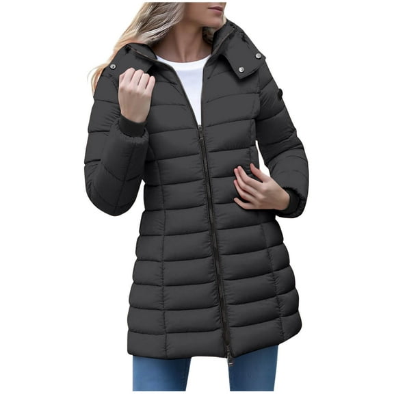 Black**Friday Chaoheng Plus Size Jackets for Women Women's Mid-Length Hooded Puffer Coat,Dual Zipper Quilted Winter Jacket