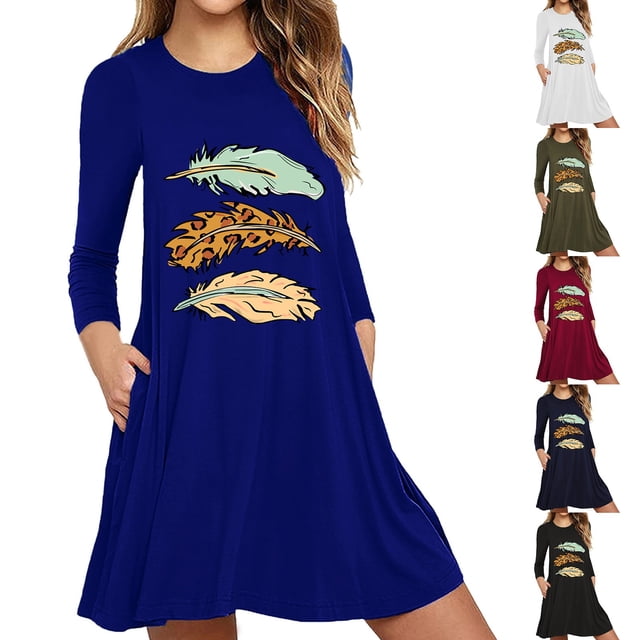 mtvxesu Robes, Robe Décontractée pour Femmes à Imprimé Plume, Manches Longues raglan à Blocs de Couleur, Robes Midi