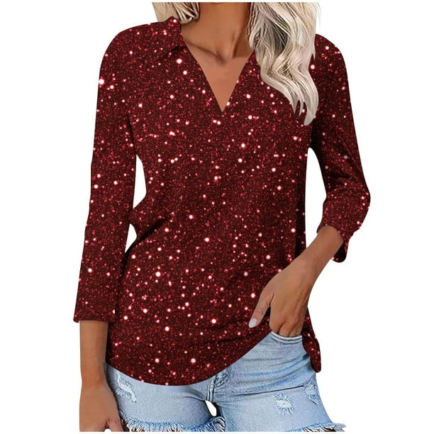 Camiseta de Solapa de Cuello en V de la Manga Superior de 3/4 de las Mujeres, Uso Diario Cómodo Casual
