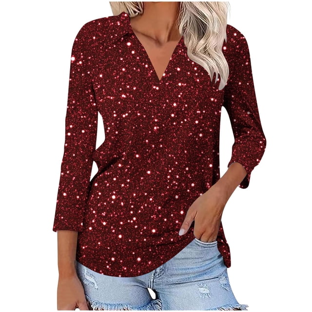 Camiseta de Solapa de Cuello en V de la Manga Superior de 3/4 de las Mujeres, Uso Diario Cómodo Casual