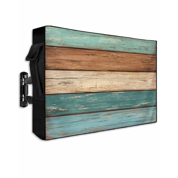 Outdoor TV Cover 30 to 32 Inch Weatherproof, Farmhouse Rustic Wood Texture Waterproof TV Screen Protector for Outside Decor with Zipper and Pocket 30"L x 19"H  , Teal Brown