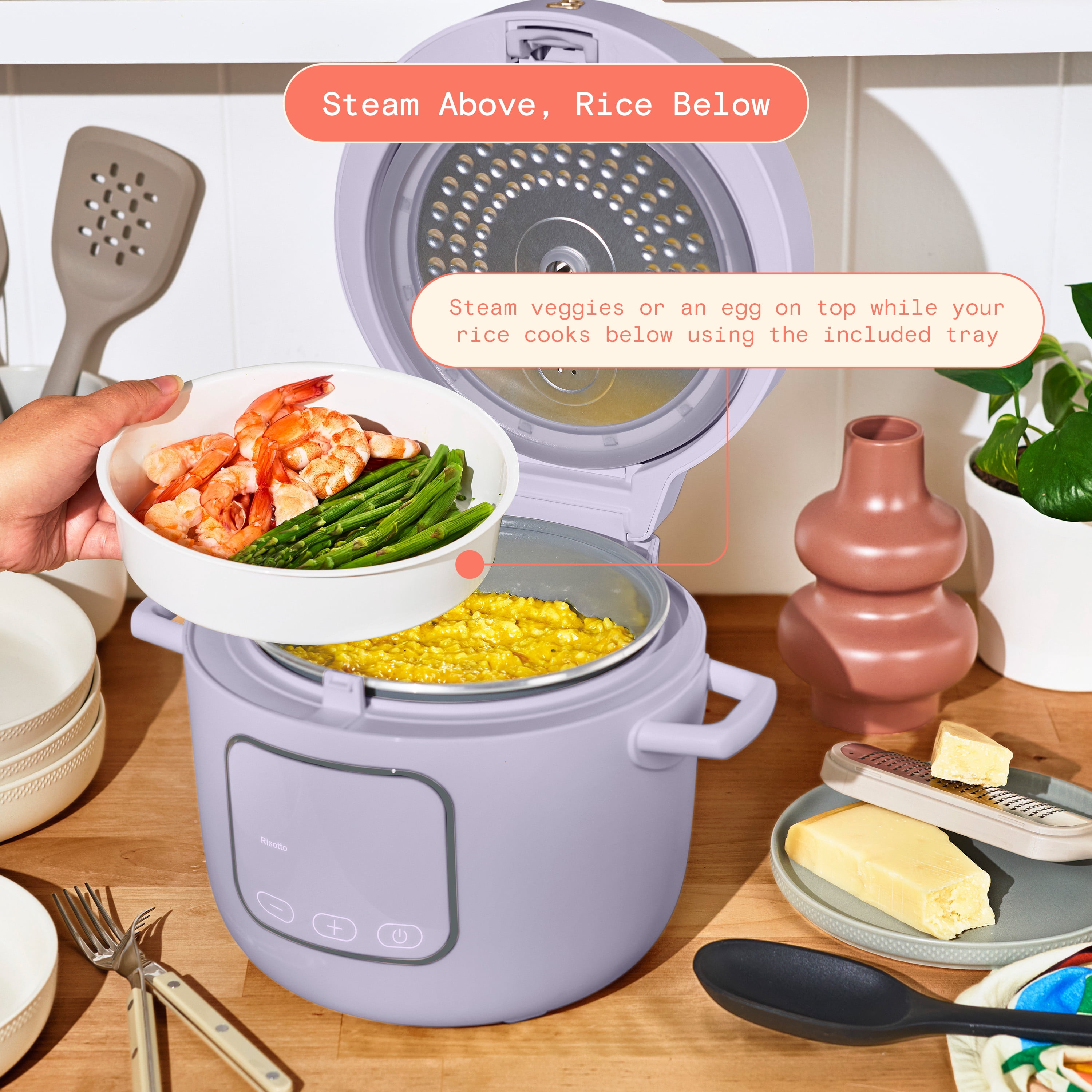Beautiful 14-Cup Cooked, 6-Cups Uncooked Electric Rice and Grain Cooker, EverGood™ Ceramic Nonstick Coating, Lavender by Drew Barrymore