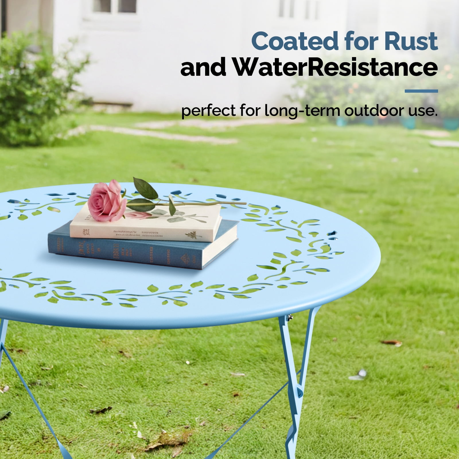 Ktaxon Outdoor 3-Piece Folding Bistro Set with Cushion, Small Metal Patio Seating Furniture Set - Blue