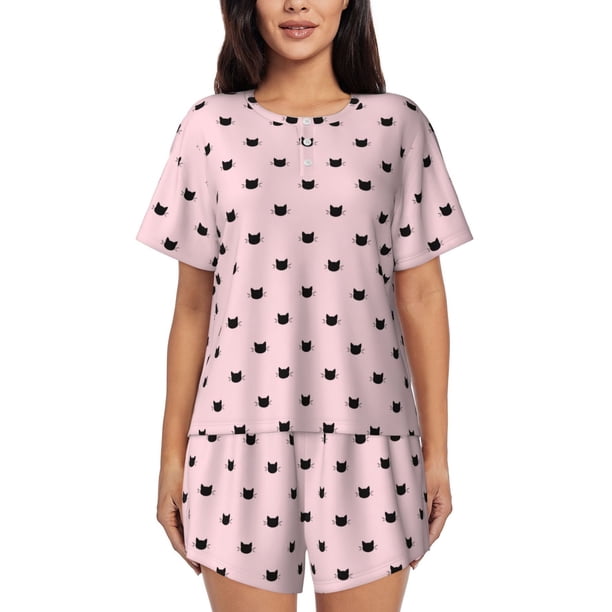 Balery Cute Cat Conjunto de Pijama para Mujer con Estampado, Dos Piezas de Manga Corta y Shorts, Ropa de Dormir Suave con Cuello Redondo y Bolsillos-3X-Large
