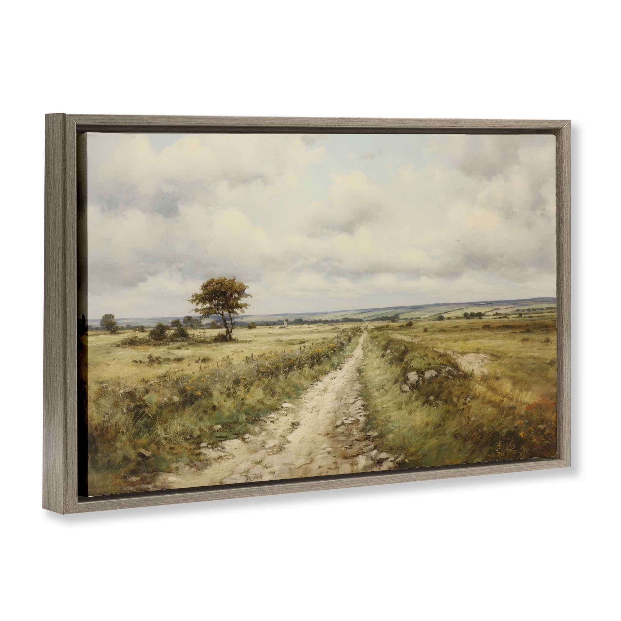 Stupell Industries Rural Farm Road Landscape & Nature Painting Brown Floater Framed Canvas Art Print Wall Art, 25 x 17