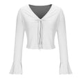 thumbnail image 4 of Plebaso Women's Spring Summer Tops Crop Bell Long Sleeve Ribbed Shirts V Neck Drawstring Casual Knit Tee, 4 of 6