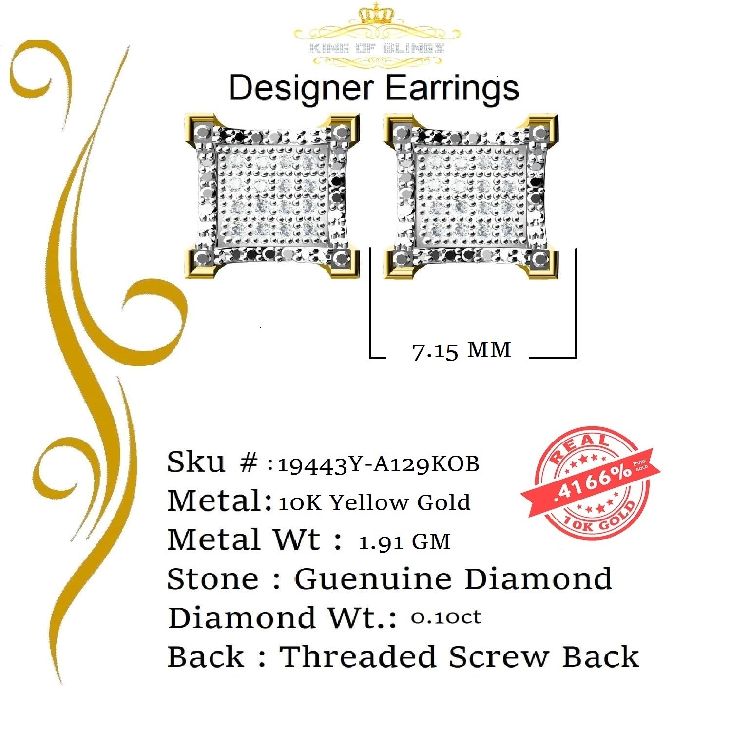 King of Bling's 10K Real Yellow Gold with 0.10CT Real Diamonds Men's /Womens stud Square Earring