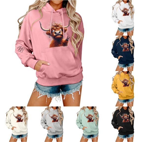 NinXxx Women's Cow Print Hooded Sweatshirt for Autumn Winter Casual Rose Gold S