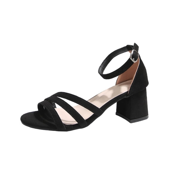 Sandalias de Correa de Tobillo Negras de Tamaño Más Abierto Correa Cruzada Zapatos de Tacón Grueso Primavera Verano, Tacones de Correa de Tobillo Negro