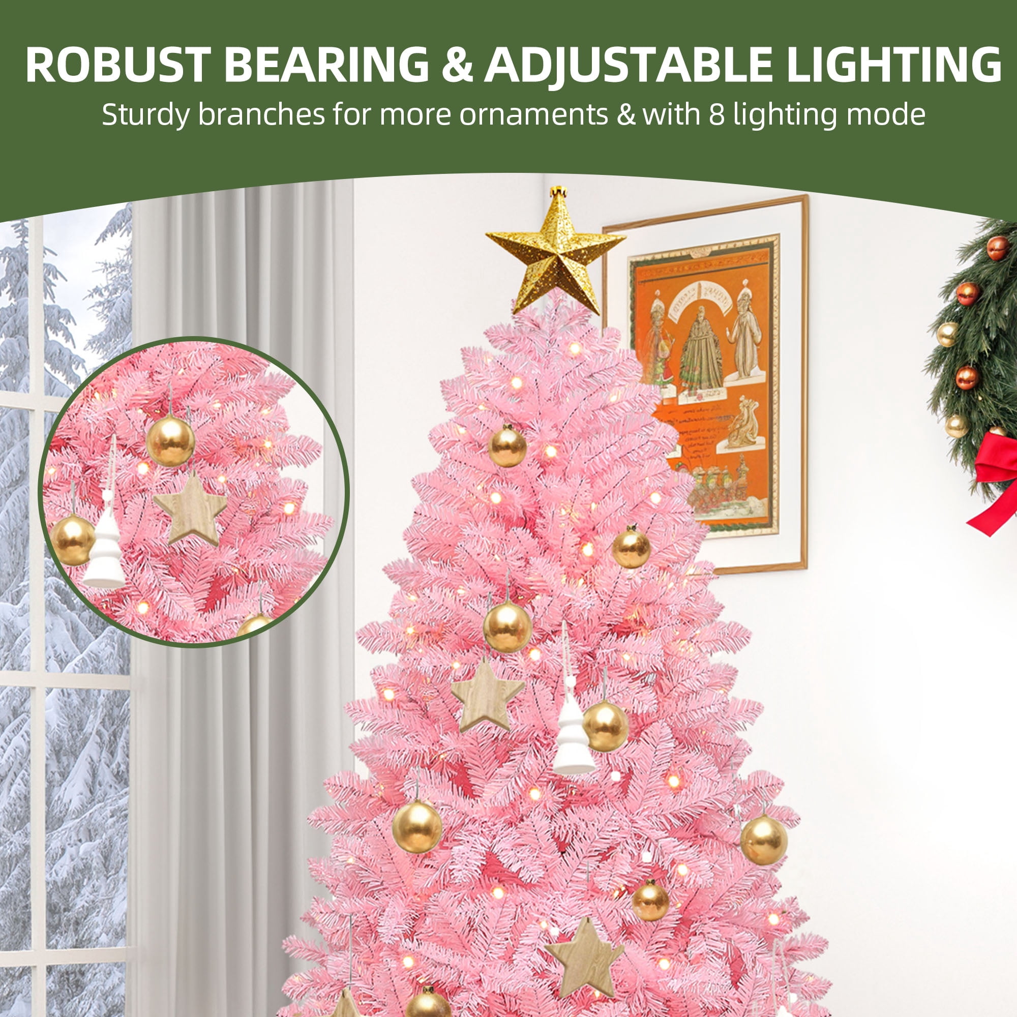 Uforic 6ft Pre-lit Spruce Artificial Christmas Tree with 947 PVC Tips & 250 Lights, Pink