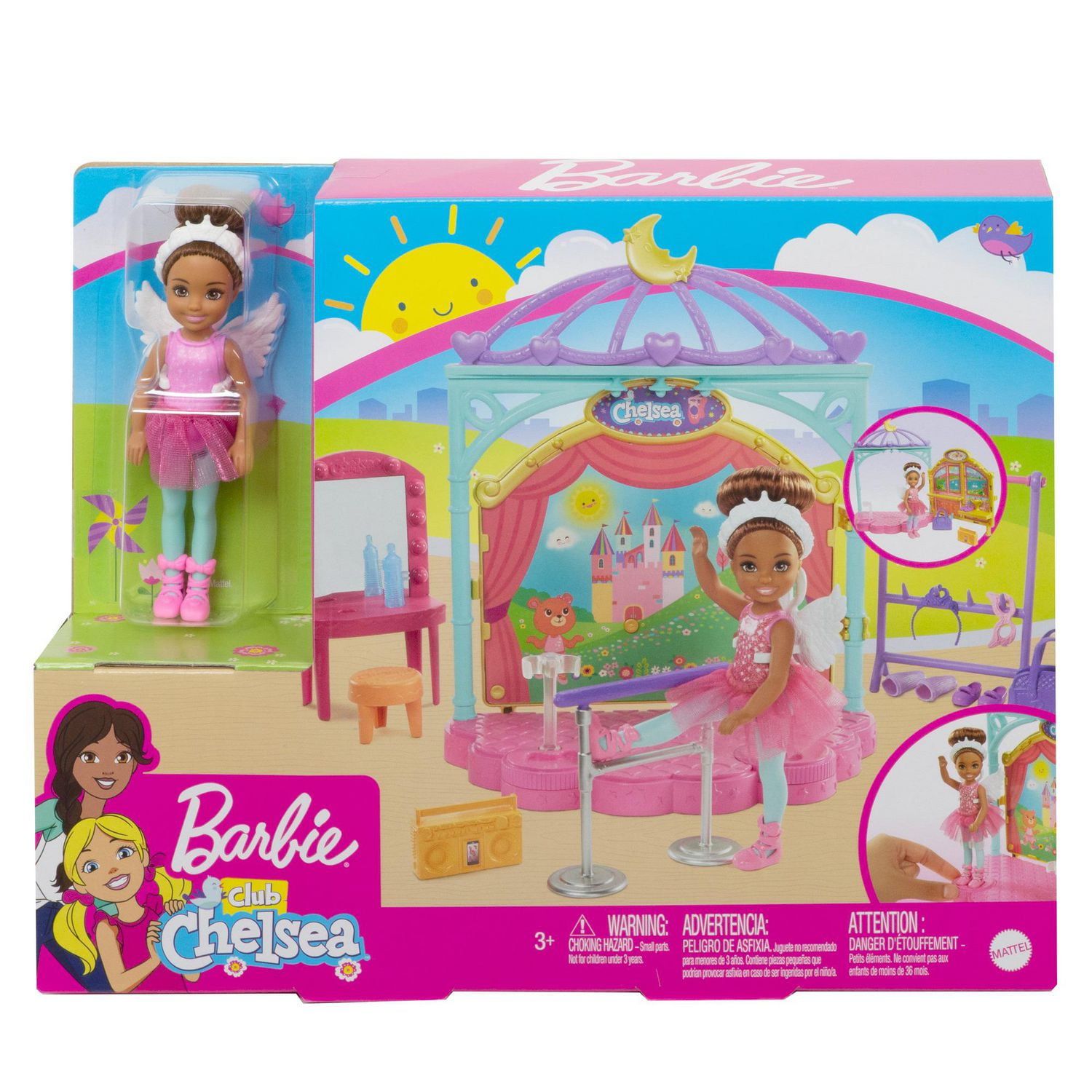 Coffret​ Barbie Club Chelsea version danse classique avec poupée Chelsea brune de 15 cm, scène modulable et accessoires dont une barre de danse et une tenue, cadeau pour enfants de 3 à 7 ans