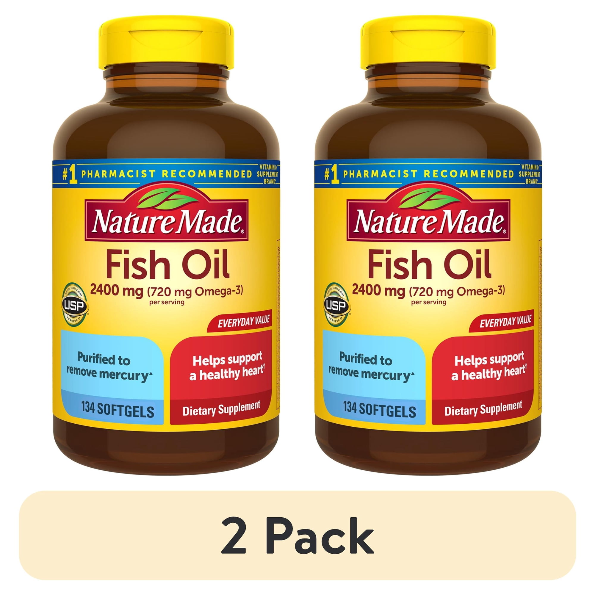 (2 pack) Nature Made Fish Oil 2400mg per Serving Softgels, Omega 3 Fish Oil Supplements, 134 Count