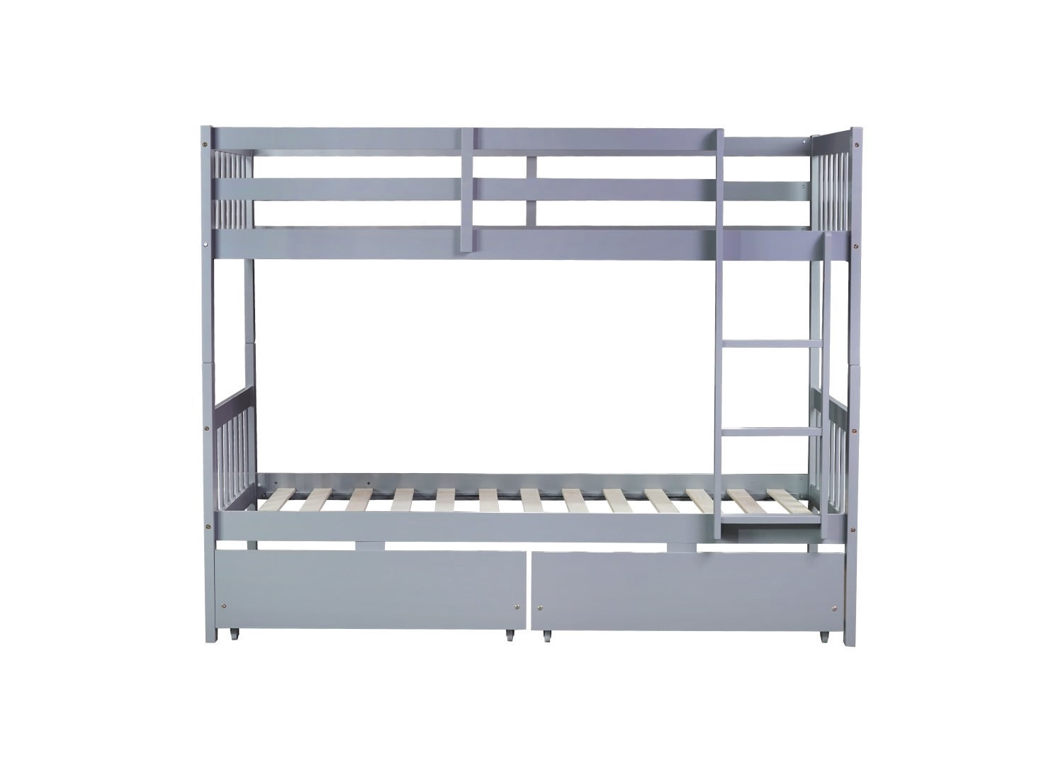 Twin Over Twin Rubber Wood Bunk Bed with Storage Drawers, Convertible Wood Bunk Bed Frame with Safety Guardrails and Ladder, Space Saving Kids Bed for Bedroom, Grey