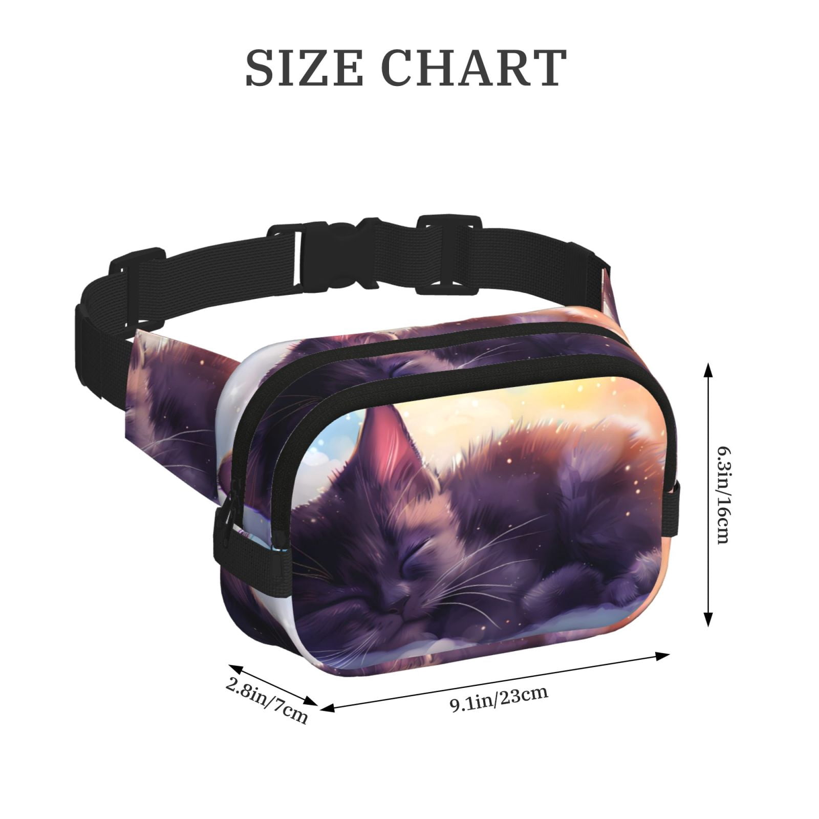Picia Colorful Cloud Sleeping Cat Print Square Double-Layer Waist Bag Mini Adjustable Waist Belt Bag Exercise Running Travel Hiking