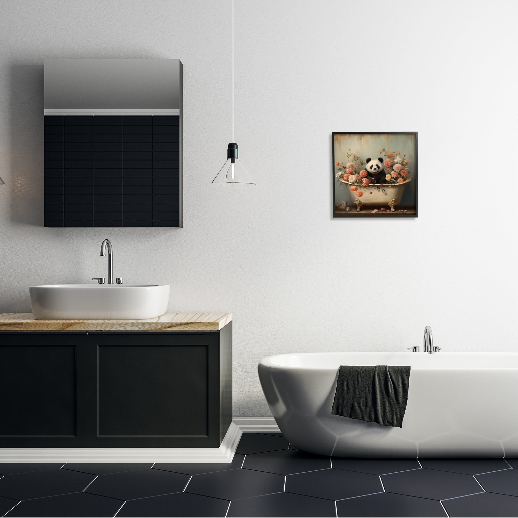 Stupell Industries Panda Bathtub & Blooms Animals & Insects Painting Black Framed Art Print Wall Art, 17 x 17