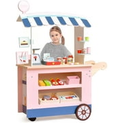 OLAKIDS Wooden Grocery Store Marketplace Toy, Colorful Market Stand Pretend Play Set with Universal Wheel Food Scale Cash Register and 30 Accessories, Shop Playset Gift for Boys Girls Ages 3+