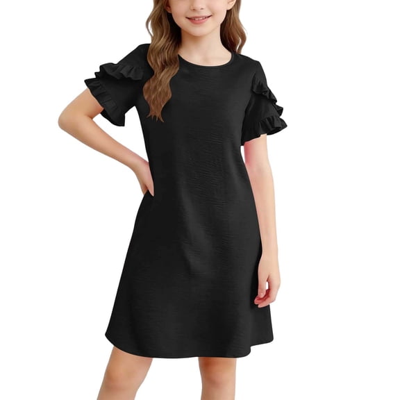 MEZZALL Girls Summer Dresses Short Sleeve Casual Round Neck Straight Beach Dress With Ruffle Solid Color Vacation Sundress