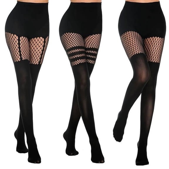 3 Pairs Thigh High Tights Mock Suspender Pantyhose Striped Goth Fishnets