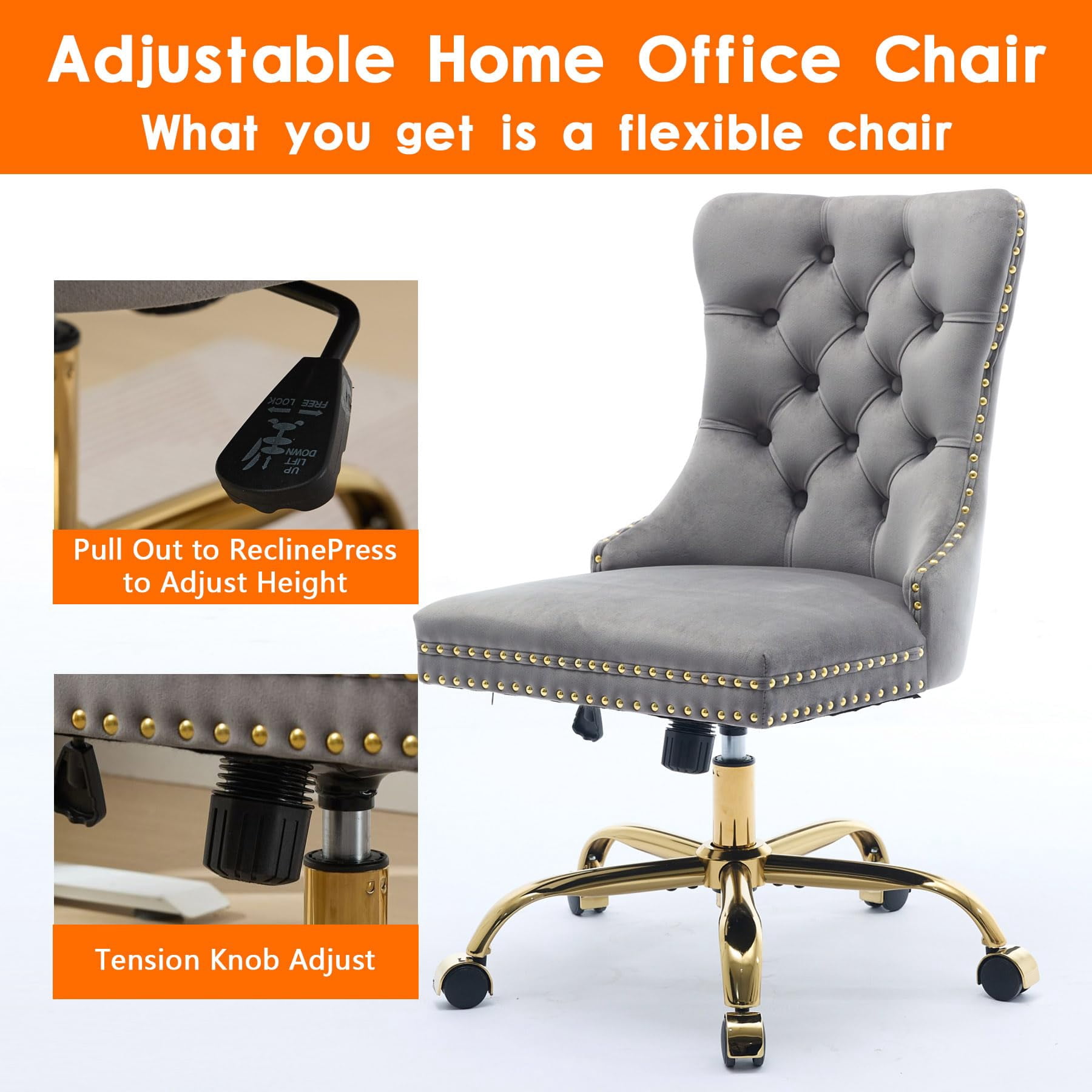 Pawverly Velvet Upholstered Office Chair, Tufted Button Swivel Desk Chair with Adjustable Height, Gold Metal Base & Wheels, Modern Vanity Chair, Gray