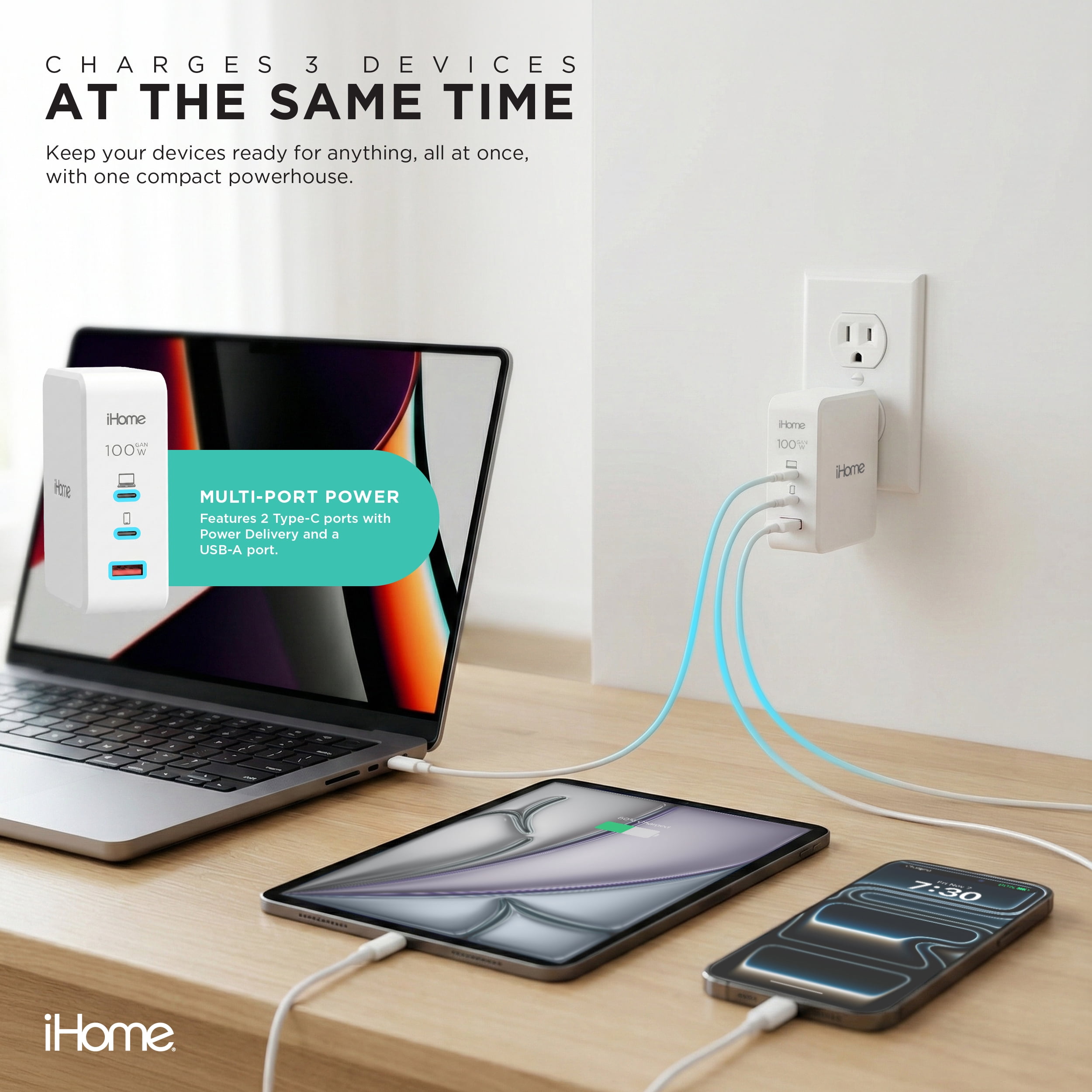 iHome 100W GaN Wall Charger with USB-C Cable, Fast Charging, Powers Up to 3 Devices, White