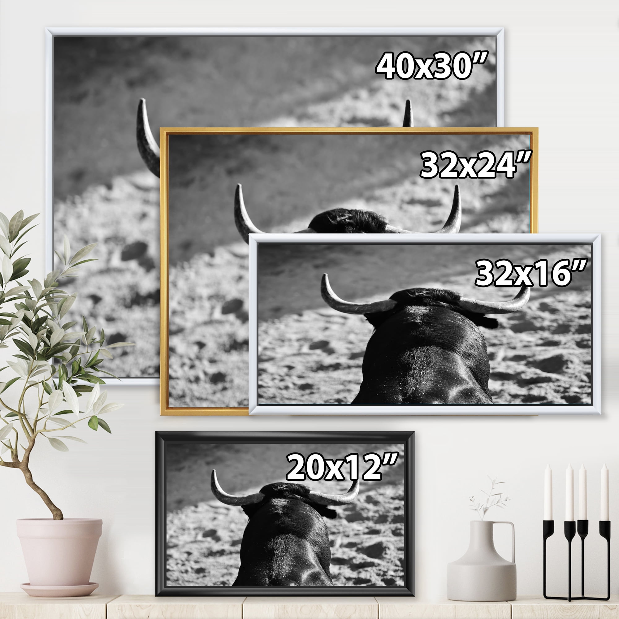 Designart 'Black and White Portrait Of A Spanish Bull II' Farmhouse Framed Canvas Wall Art Print